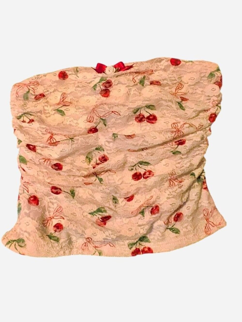 cherry print tube crop top with red cherries and green leaves #fairycore